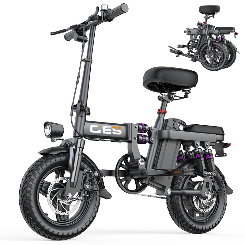 500W brushless motor, 48V 10Ah/15Ah removable battery, top speed 20 mph (approx. 32 km/h), range 10-35 miles (approx. 16-58 km), foldable 14.0-inch frame, LCD display, dual disc brake system, strong shock absorption