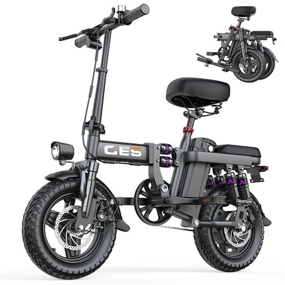 500W brushless motor, 48V 10Ah/15Ah removable battery, top speed 20 mph (approx. 32 km/h), range 10-35 miles (approx. 16-58 km), foldable 14.0-inch frame, LCD display, dual disc brake system, strong shock absorption