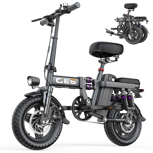500W brushless motor, 48V 10Ah/15Ah removable battery, top speed 20 mph (approx. 32 km/h), range 10-35 miles (approx. 16-58 km), foldable 14.0-inch frame, LCD display, dual disc brake system, strong shock absorption