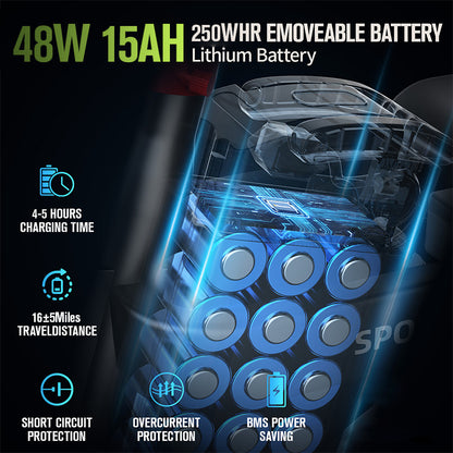 500W brushless motor, 48V 10Ah/15Ah removable battery, top speed 20 mph (approx. 32 km/h), range 10-35 miles (approx. 16-58 km), foldable 14.0-inch frame, LCD display, dual disc brake system, strong shock absorption