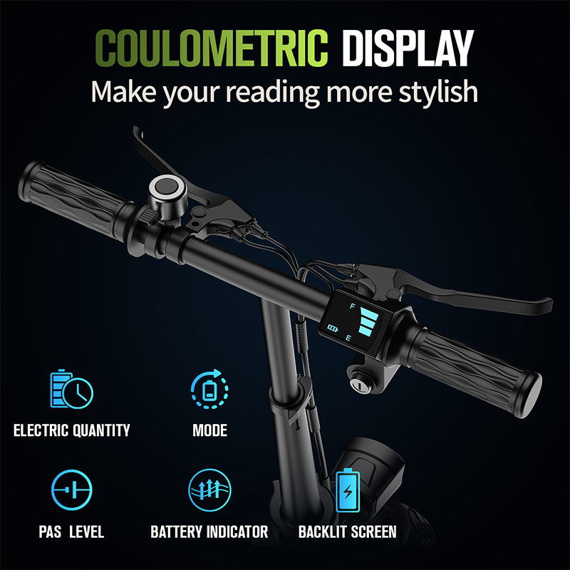 500W brushless motor, 48V 10Ah/15Ah removable battery, top speed 20 mph (approx. 32 km/h), range 10-35 miles (approx. 16-58 km), foldable 14.0-inch frame, LCD display, dual disc brake system, strong shock absorption