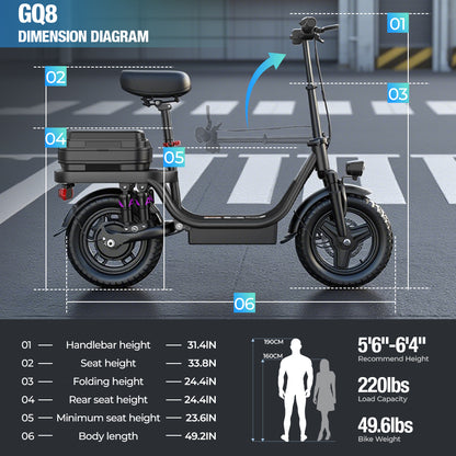 The GQ8 folding electric scooter boasts a maximum range of 20-40 miles, a 250W motor, a top speed of 20 mph, comfortable 14-inch pneumatic tires, and a lightweight, foldable design with moderate motor power and speed.